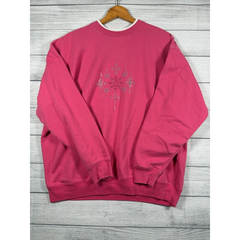 M&C Sportswear Womens 2X Pink Rhinestone Snowflake Sweatshirt Winter 4051